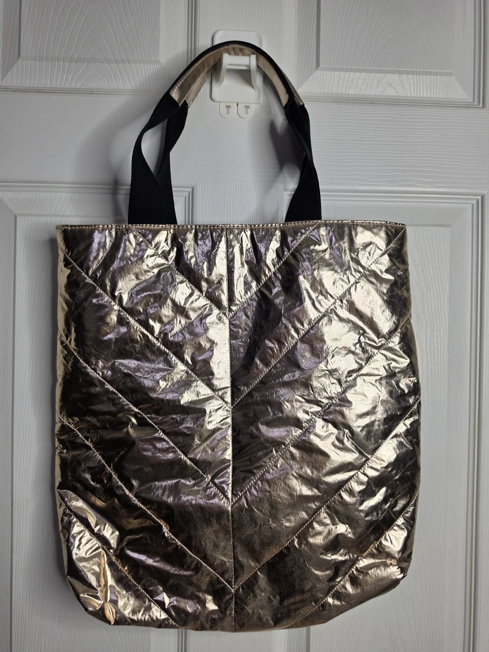 Victoria's Secret Metallic Rose Gold Quilted Tote with Black Straps